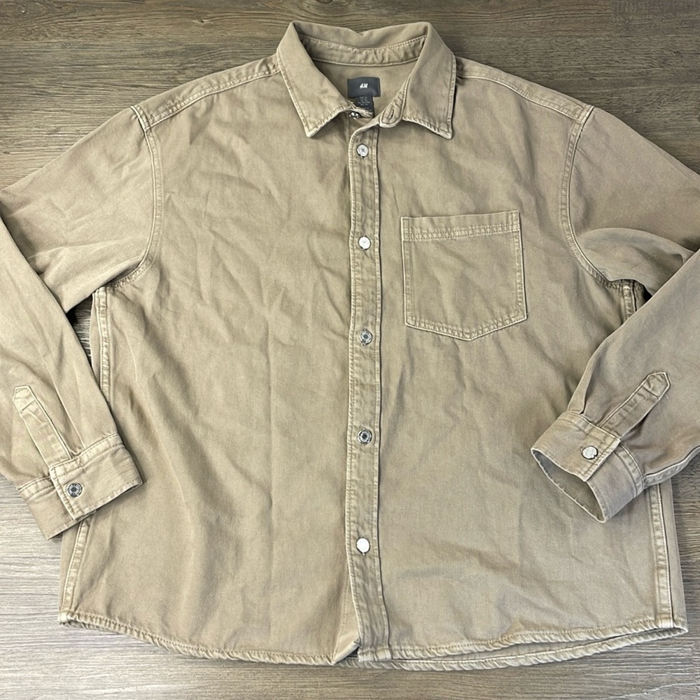 H&M Men’s Khaki Denim Over Shirt, Button Down Long Sleeve, size XL
